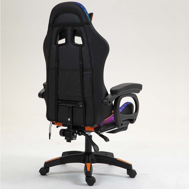 vue arrière et de côté de la Chaise Gaming PowerGaming LED RGB avec Repose-pieds Noir+Orange