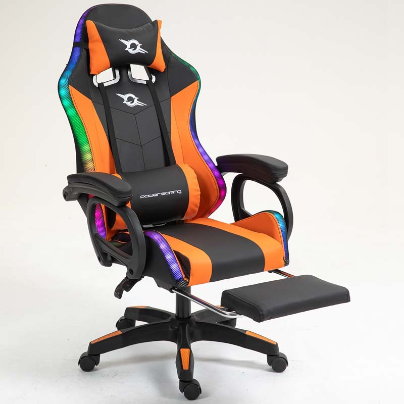 vue de face de la Chaise Gaming PowerGaming LED RGB avec Repose-pieds Noir+Orange inclinée
