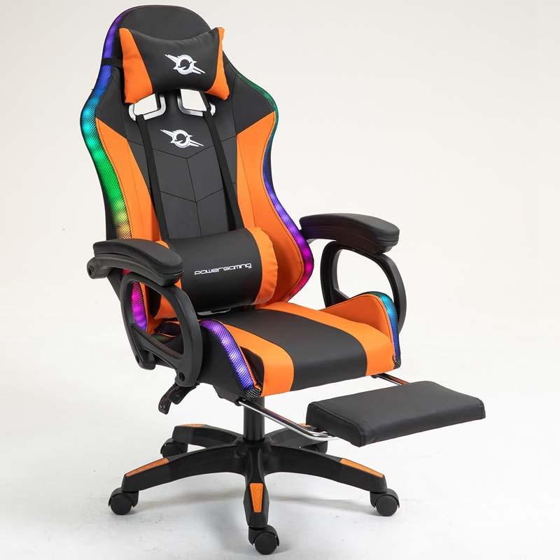 vue de face de la Chaise Gaming PowerGaming LED RGB avec Repose-pieds Noir+Orange inclinée