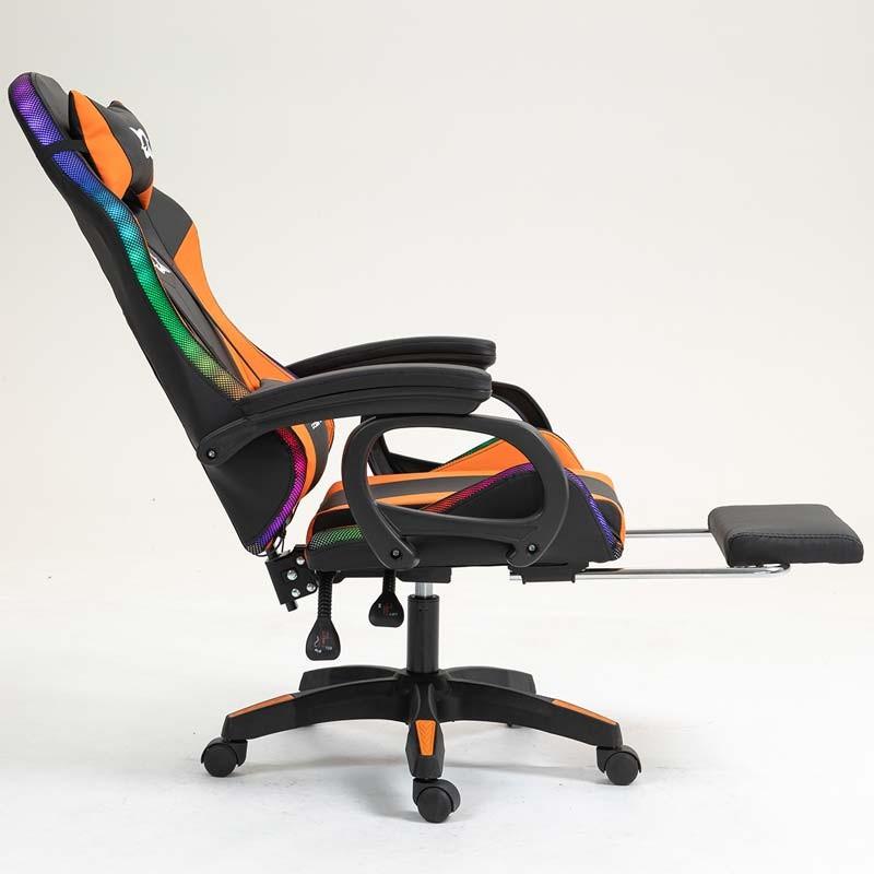 vue de côté de la Chaise Gaming PowerGaming LED RGB avec Repose-pieds Noir+Orange inclinée
