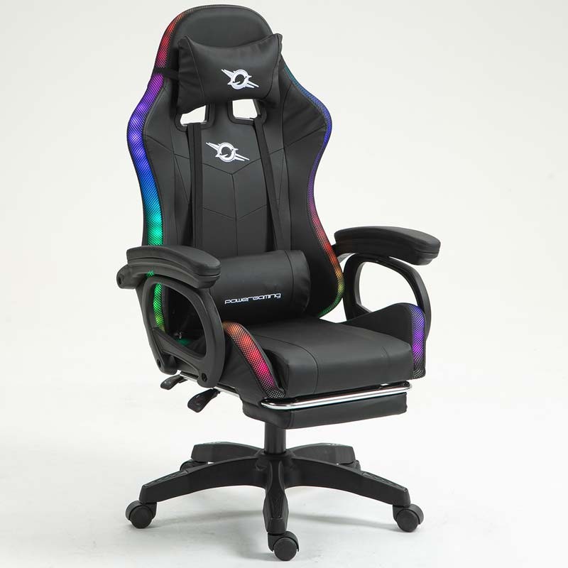 vue de face et latérale de la Chaise Gaming PowerGaming LED RGB avec Haut-parleur Bluetooth, Massage et Repose-pieds Noir