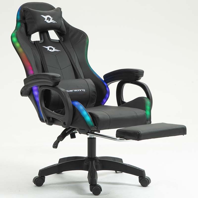 vue de face de la Chaise Gaming PowerGaming LED RGB avec Haut-parleur Bluetooth, Massage et Repose-pieds Noir inclinée