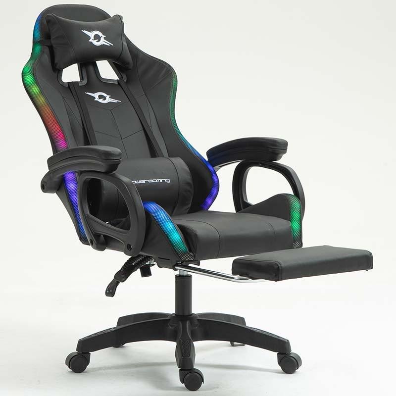 vue de face de la Chaise Gaming PowerGaming LED RGB avec Haut-parleur Bluetooth, Massage et Repose-pieds Noir inclinée