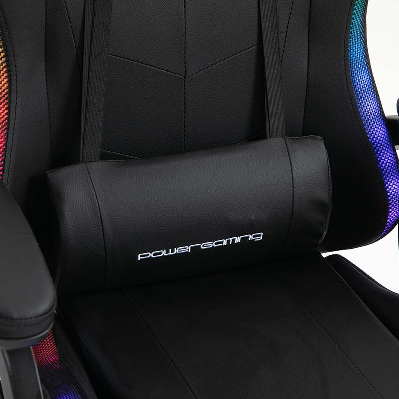 coussin lombaire de la Chaise Gaming PowerGaming LED RGB avec Haut-parleur Bluetooth, Massage et Repose-pieds Noir