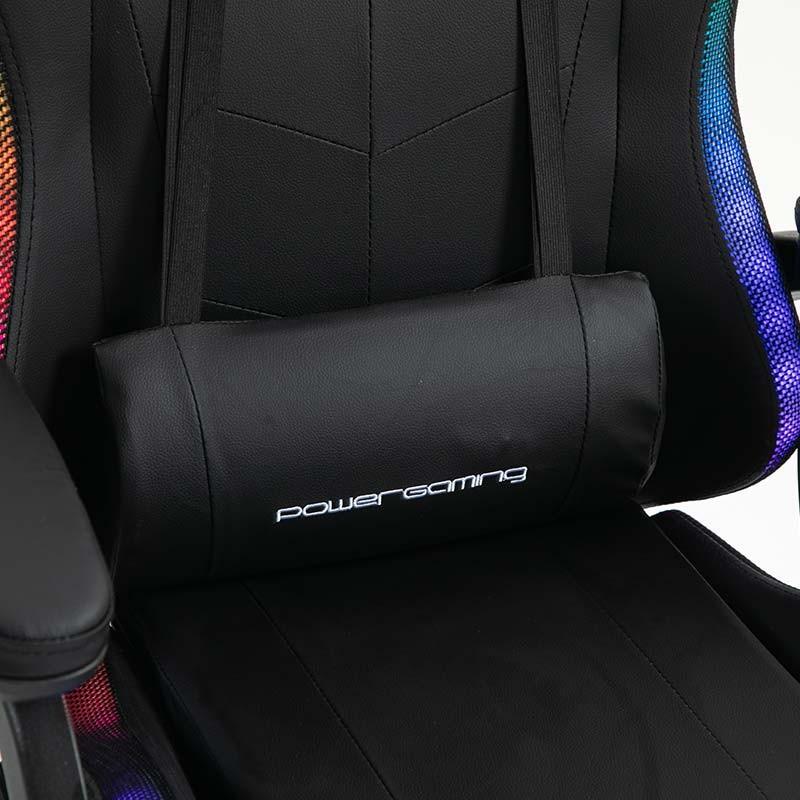 coussin lombaire de la Chaise Gaming PowerGaming LED RGB avec Haut-parleur Bluetooth, Massage et Repose-pieds Noir