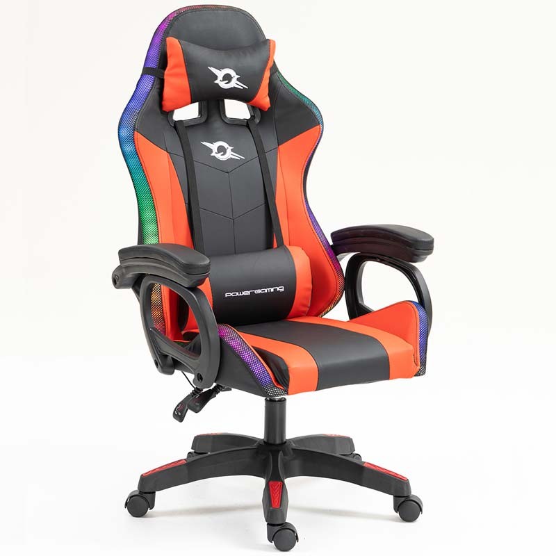 vista frontal y lateral de la Silla Gaming PowerGaming LED RGB Negro+Rojo