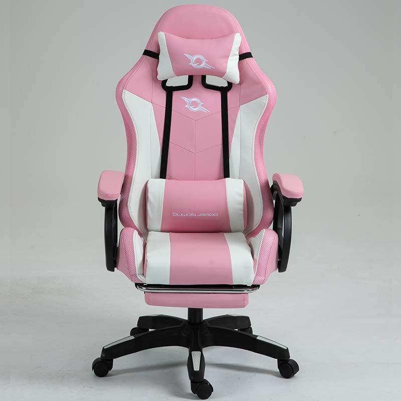 vista frontal de la Silla Gaming PowerGaming LED RGB con Reposapiés Blanco+Rosa