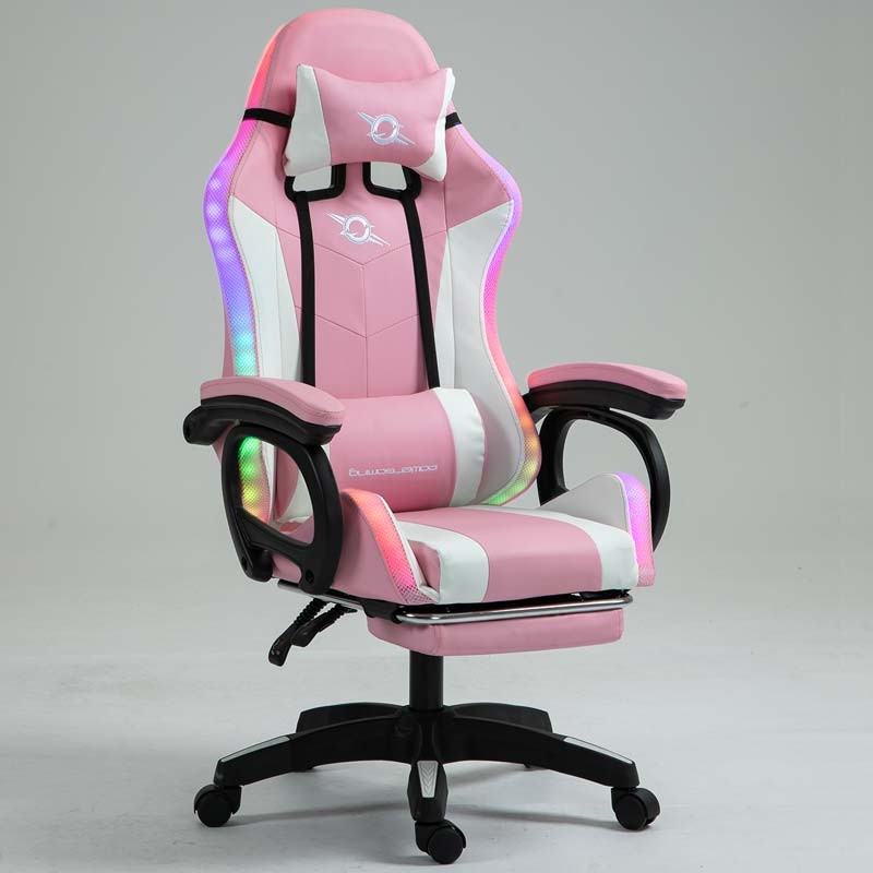 vista frontal y lateral de la Silla Gaming PowerGaming LED RGB con Reposapiés Blanco+Rosa