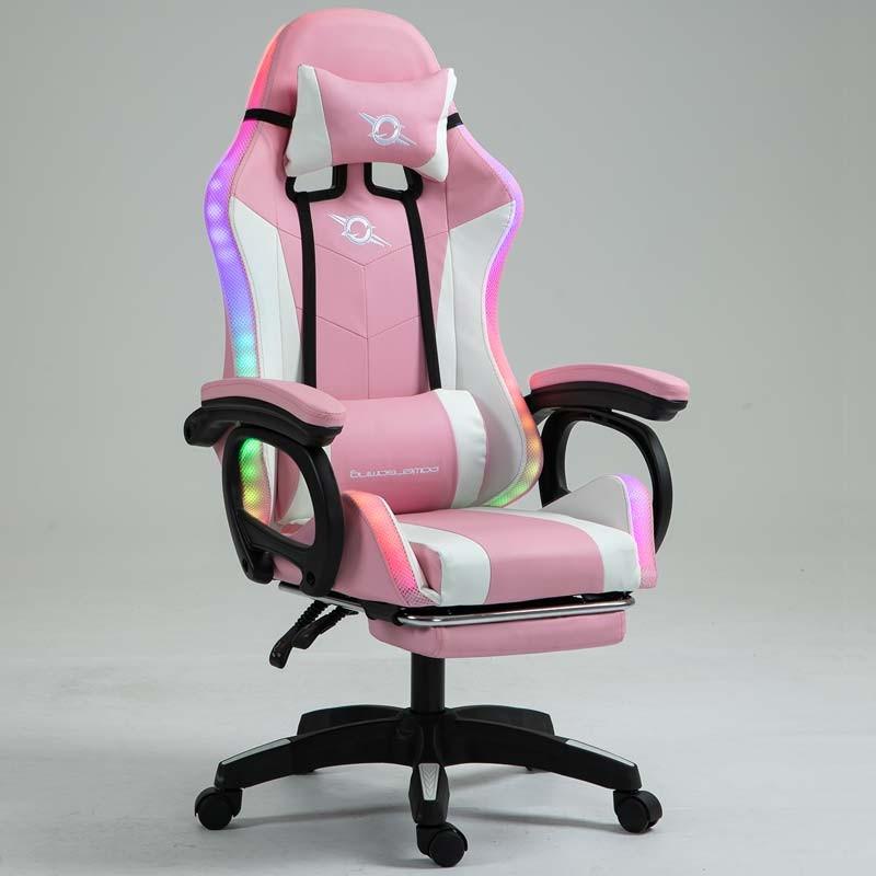 vista frontal y lateral de la Silla Gaming PowerGaming LED RGB con Reposapiés Blanco+Rosa