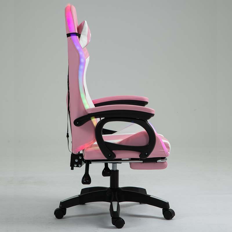 vista lateral de la Silla Gaming PowerGaming LED RGB con Reposapiés Blanco+Rosa