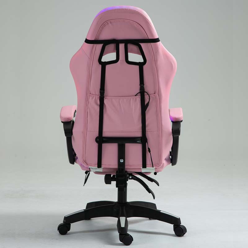 vista trasera de la Silla Gaming PowerGaming LED RGB con Reposapiés Blanco+Rosa