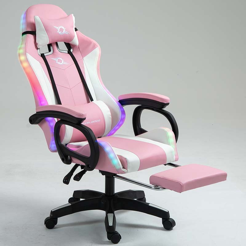 vista frontal de la Silla Gaming PowerGaming LED RGB con Reposapiés Blanco+Rosa reclinada