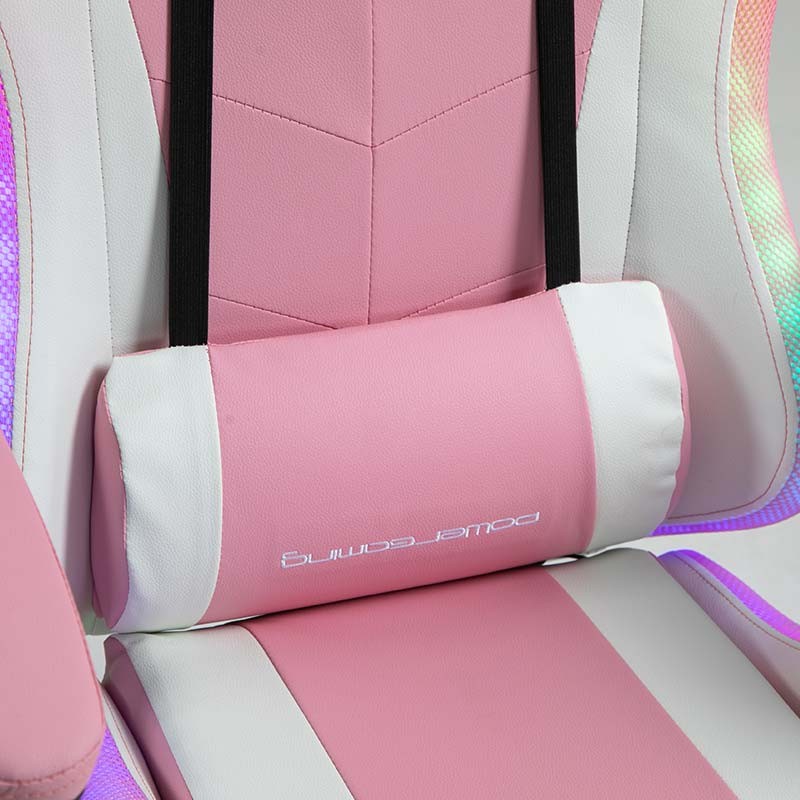cojín lumbar de la Silla Gaming PowerGaming LED RGB con Reposapiés Blanco+Rosa