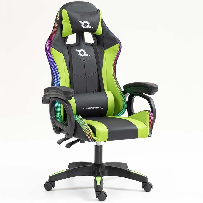 vista frontal y lateral de la Silla Gaming PowerGaming LED RGB Negro+Verde