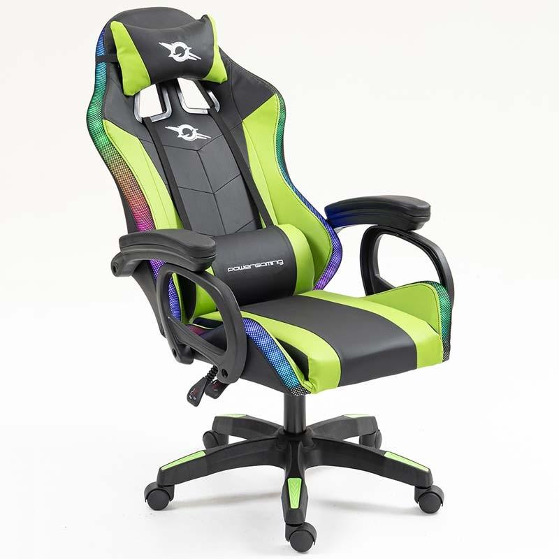 vista frontal de la Silla Gaming PowerGaming LED RGB Negro+Verde reclinada