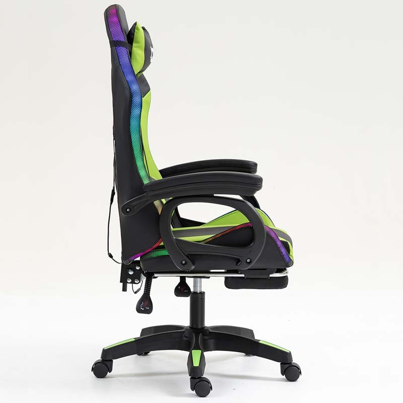 vue de côté de la Chaise Gaming PowerGaming LED RGB avec Repose-pieds Noir+Vert