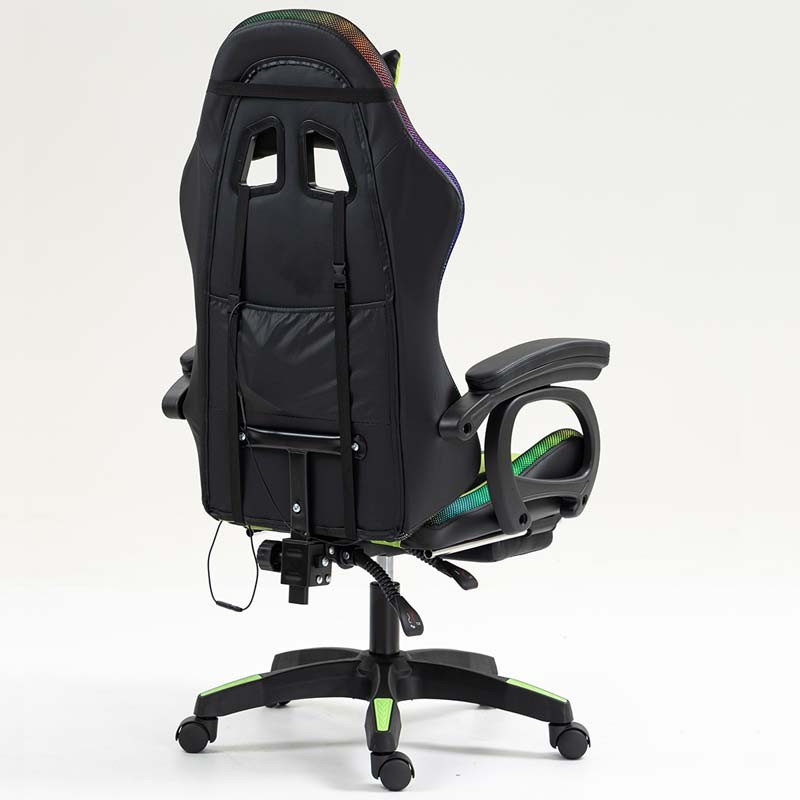 vue arrière et de côté de la Chaise Gaming PowerGaming LED RGB avec Repose-pieds Noir+Vert