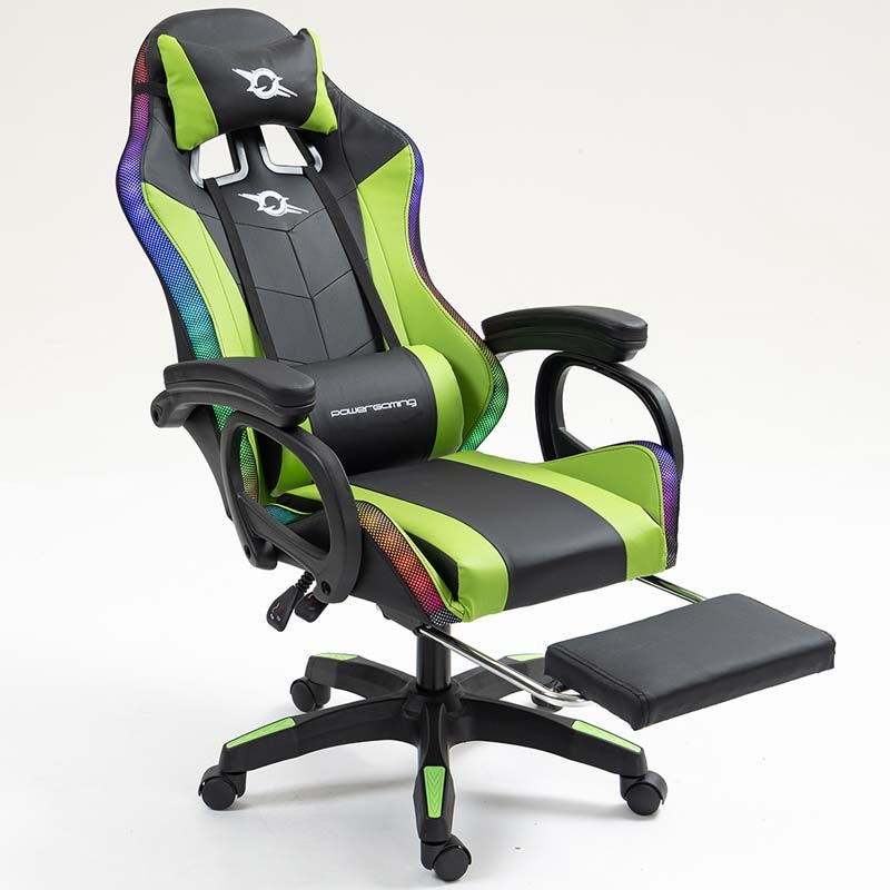 vue de face de la Chaise Gaming PowerGaming LED RGB avec Repose-pieds Noir+Vert inclinée