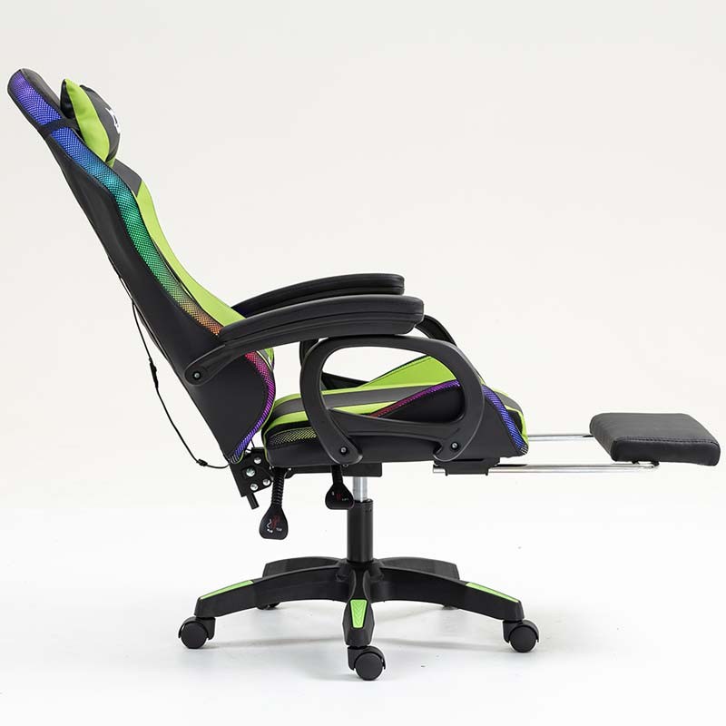 vue de côté de la Chaise Gaming PowerGaming LED RGB avec Repose-pieds Noir+Vert inclinée