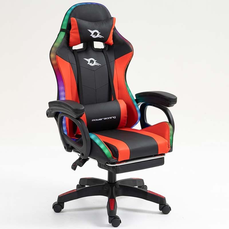 vue avant de la Chaise Gaming PowerGaming LED RGB avec Haut-parleur Bluetooth, Massage et Repose-pieds Noir+Rouge