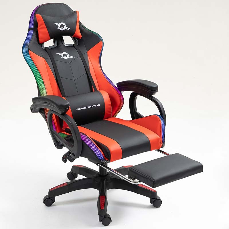 vue avant et latérale de la Chaise Gaming PowerGaming LED RGB avec Haut-parleur Bluetooth, Massage et Repose-pieds Noir+Rouge