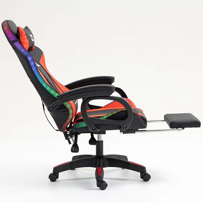 vue latérale de la Chaise Gaming PowerGaming LED RGB avec Haut-parleur Bluetooth, Massage et Repose-pieds Noir+Rouge avec dossier incliné