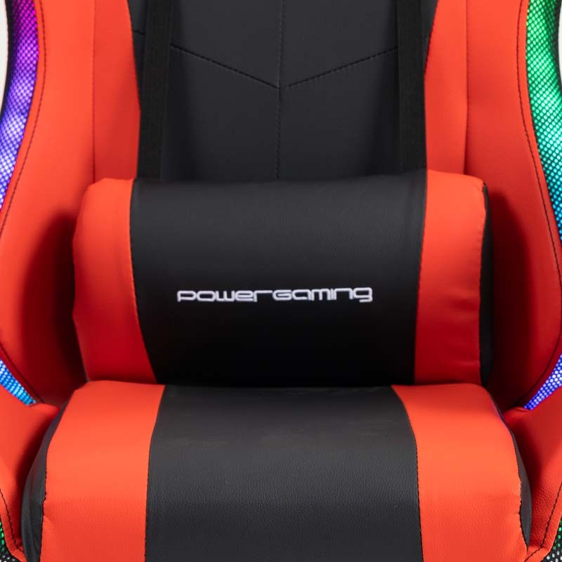 coussin lombaire de la Chaise Gaming PowerGaming LED RGB avec Haut-parleur Bluetooth, Massage et Repose-pieds Noir+Rouge
