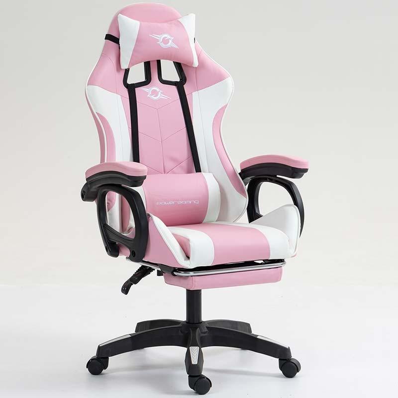 vue de face et de côté de la Chaise Gaming PowerGaming avec 7 points de massage et Repose-pieds Blanc+Rose