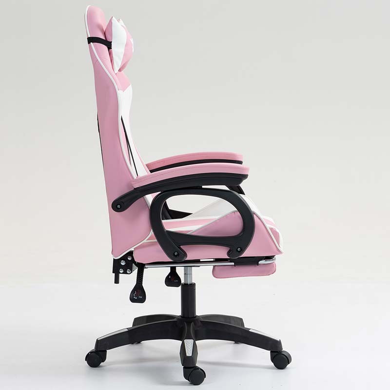 vue de côté de la Chaise Gaming PowerGaming avec 7 points de massage et Repose-pieds Blanc+Rose