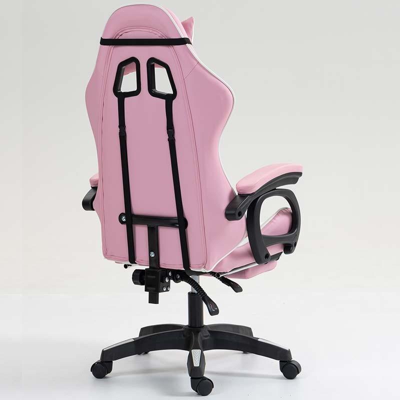 vue arrière et de côté de la Chaise Gaming PowerGaming avec 7 points de massage et Repose-pieds Blanc+Rose