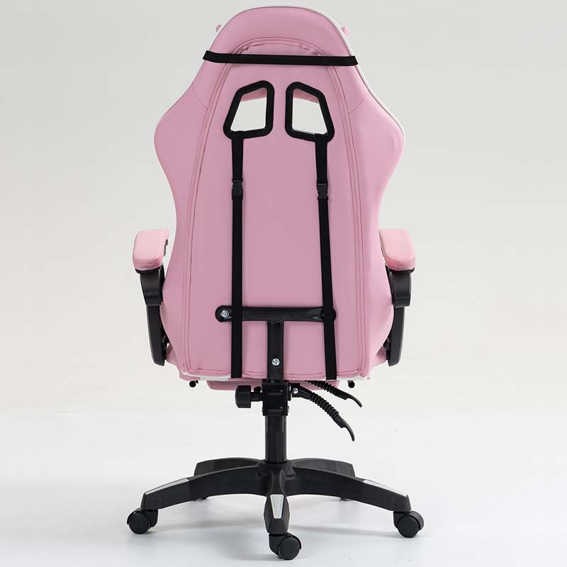 vue arrière de la Chaise Gaming PowerGaming avec 7 points de massage et Repose-pieds Blanc+Rose