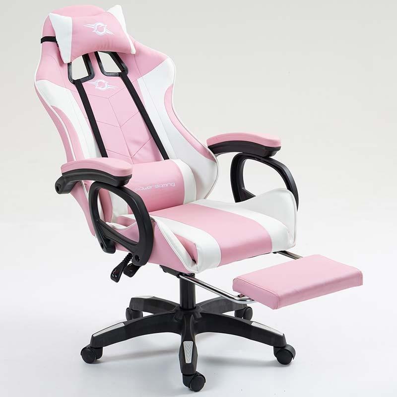vue de face de la Chaise Gaming PowerGaming avec 7 points de massage et Repose-pieds Blanc+Rose inclinée