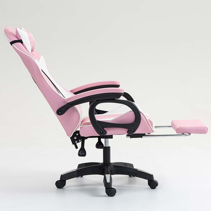 vue de côté de la Chaise Gaming PowerGaming avec 7 points de massage et Repose-pieds Blanc+Rose inclinée