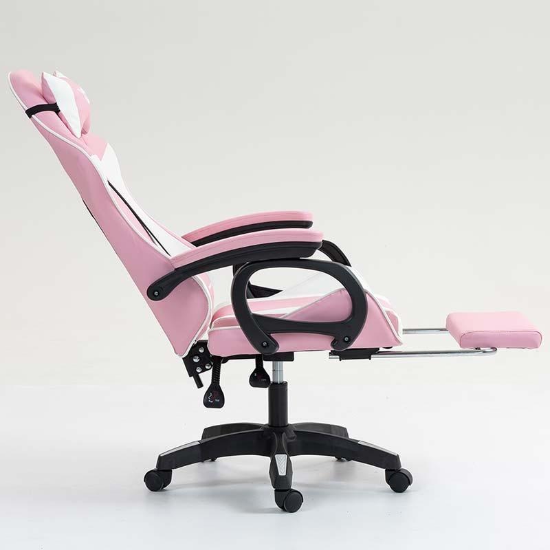 vue de côté de la Chaise Gaming PowerGaming avec 7 points de massage et Repose-pieds Blanc+Rose inclinée
