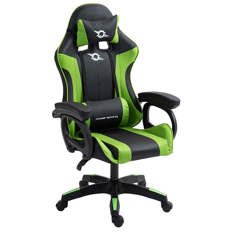 vista frontal y lateral de la Silla Gaming PowerGaming con Altavoz Bluetooth y Masaje Negro+Verde