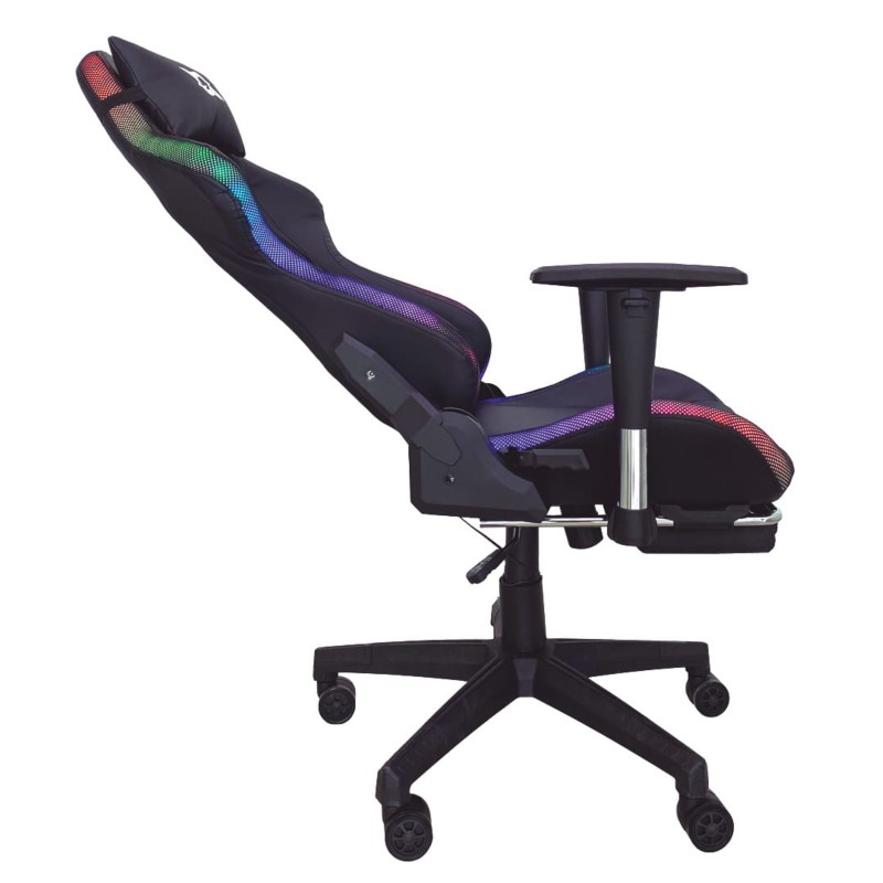 Silla PowerGaming LED RGB V2 Negro con Reposapiés vista lateral izquierda respaldo