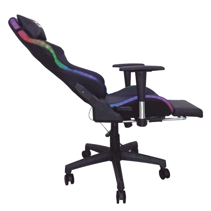 Silla PowerGaming LED RGB V2 Negro con Reposapiés vista lateral izquierda con reposapies desplegado
