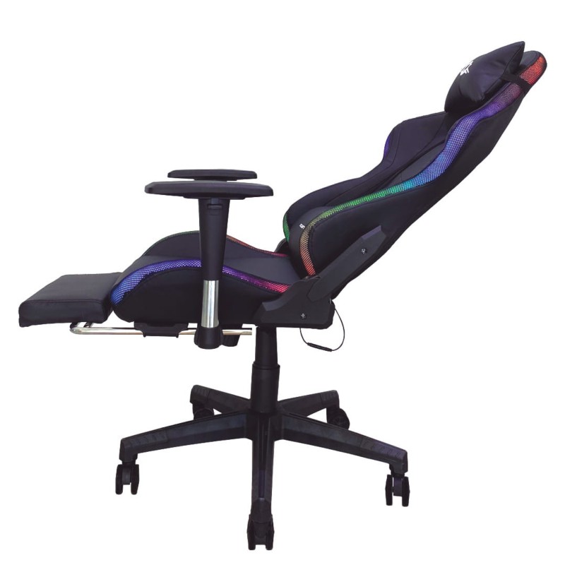 Silla PowerGaming LED RGB V2 Negro con Reposapiés vista lateral derecha con reposapies desplegado