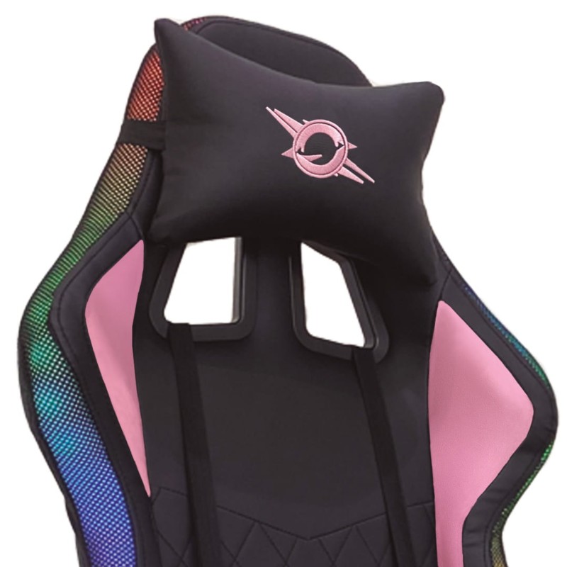 Silla PowerGaming LED RGB V2 Rosa con Reposapiés vista frontal detalle cojín cervical