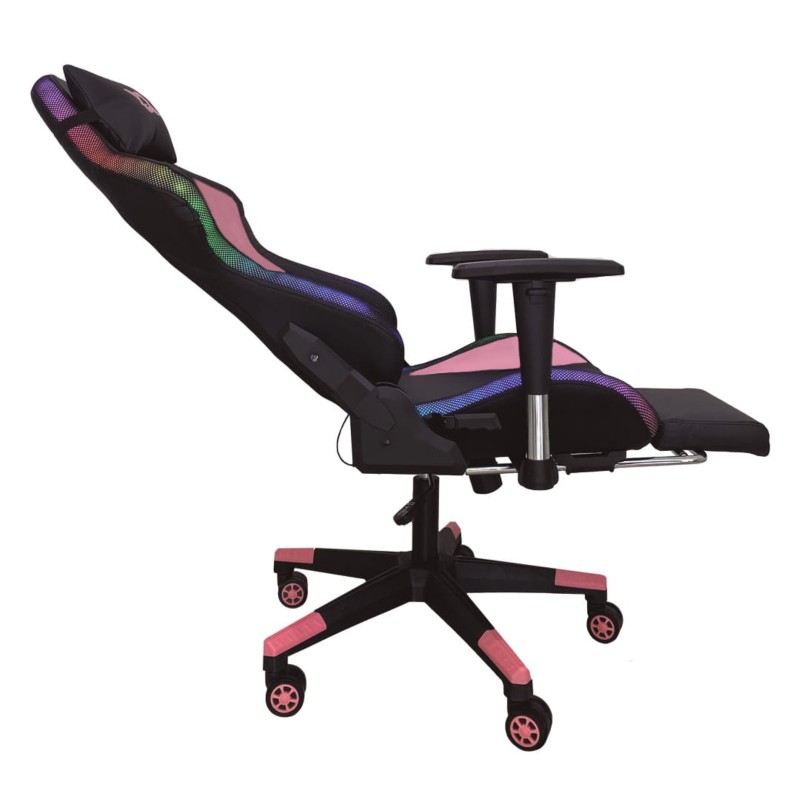 Silla PowerGaming LED RGB V2 Rosa con Reposapiés vista lateral derecha respaldo y reposapies desplegado