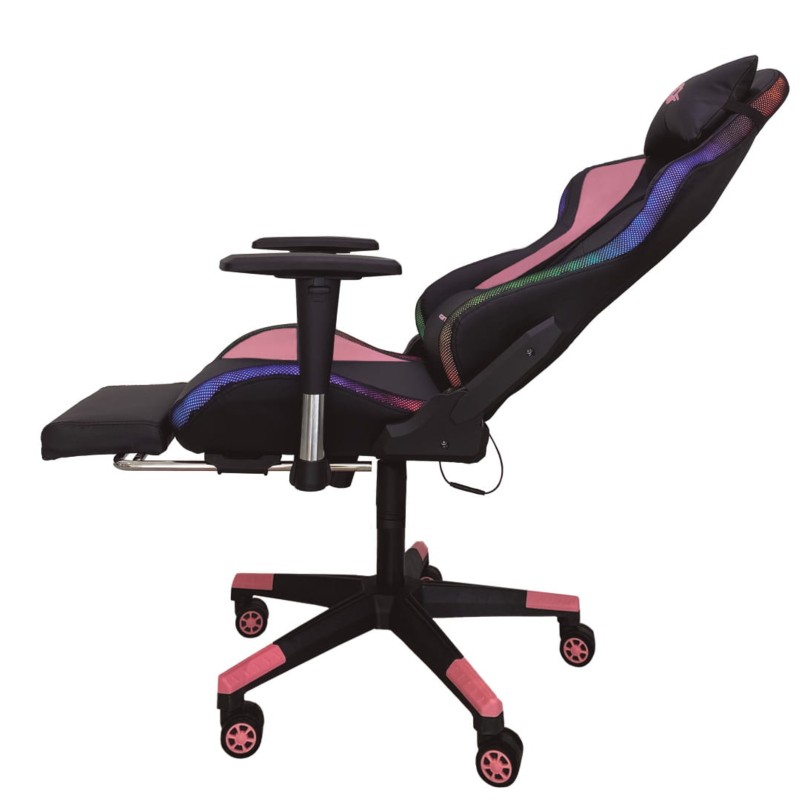 Silla PowerGaming LED RGB V2 Rosa con Reposapiés vista lateral izquierda con respaldo y reposapies desplegado