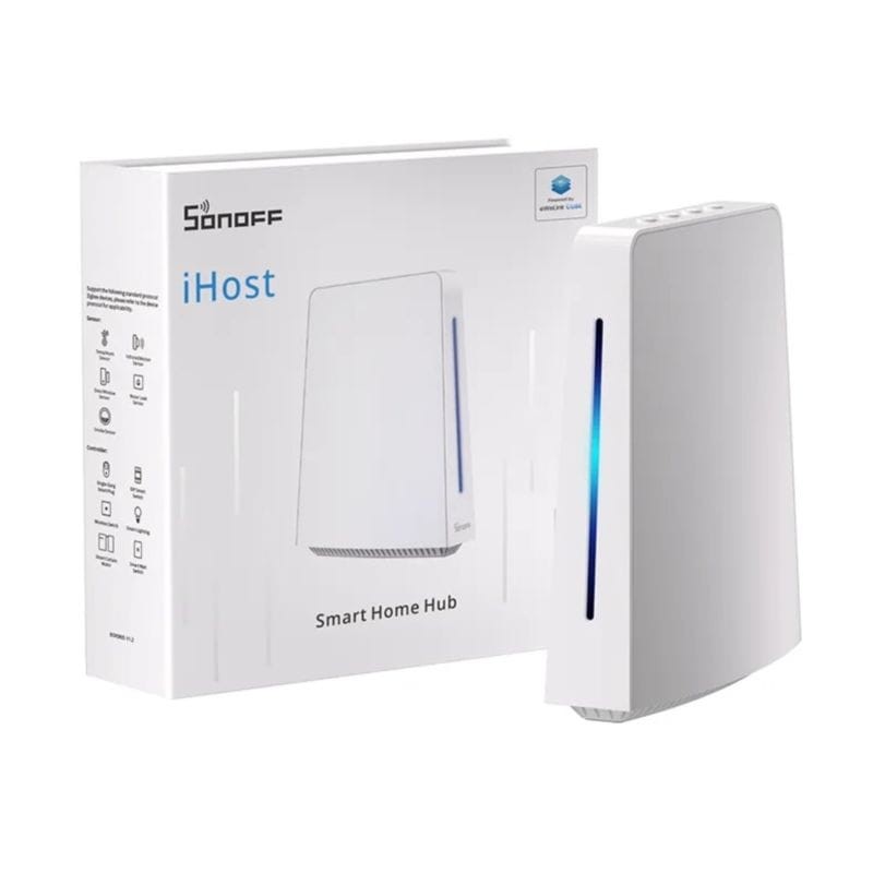 Centro de hogar inteligente Sonoff iHost 4 GB junto a su caja