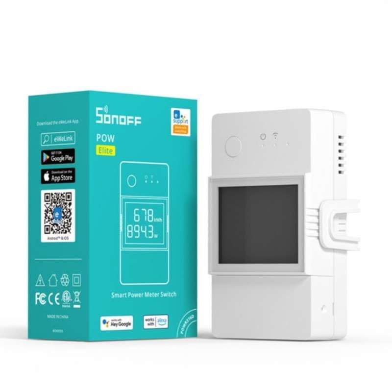 Interruptor inteligente Sonoff POWR316D 16A junto a su caja