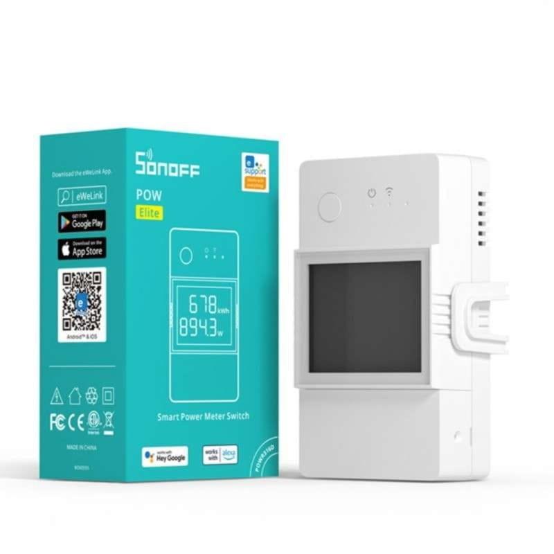 Interruptor inteligente Sonoff POWR316D 16A junto a su caja