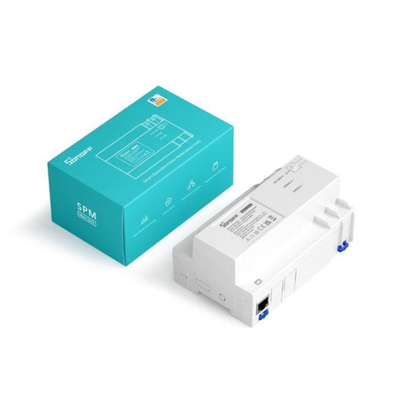 Medidor de Potencia Inteligente Sonoff SPM-Main WiFi junto a su caja