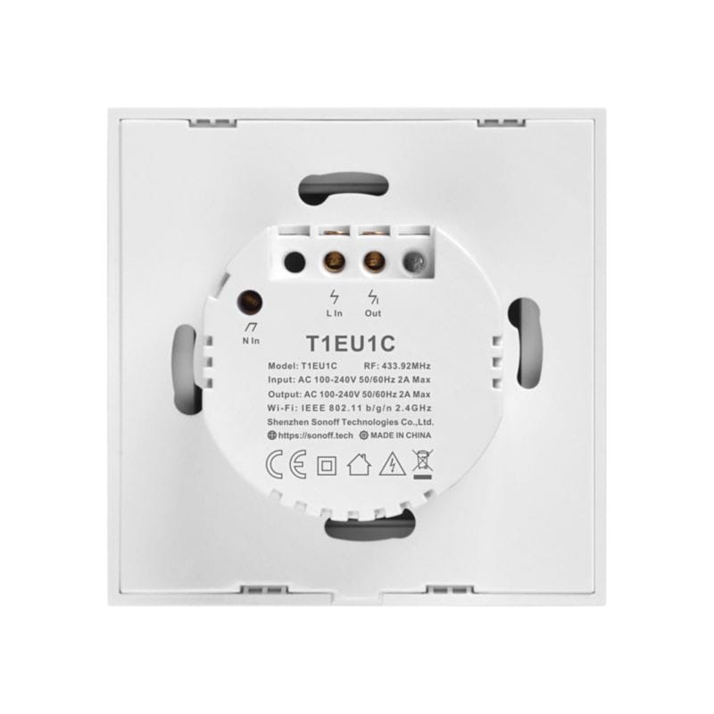 Vue de face et arrière de l'interrupteur tactile intelligent Sonoff T1 1C WiFi + RF 433