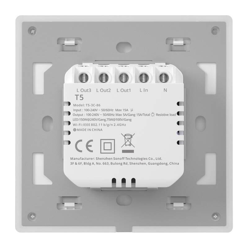 Trasera de Sonoff TX T5 3C 3 Botones Táctil Blanco - Interruptor inteligente de pared Wi-Fi