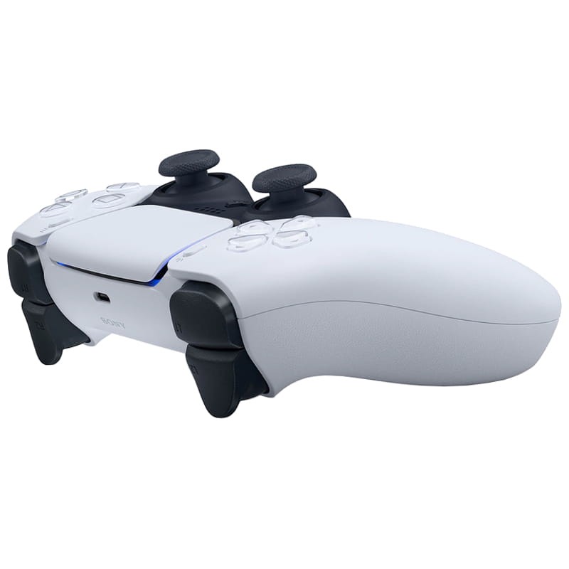 Mando Sony DualSense PS5 blanco, diseño ergonómico con gatillos y joysticks negros, barra de luz azul y botones frontales claros