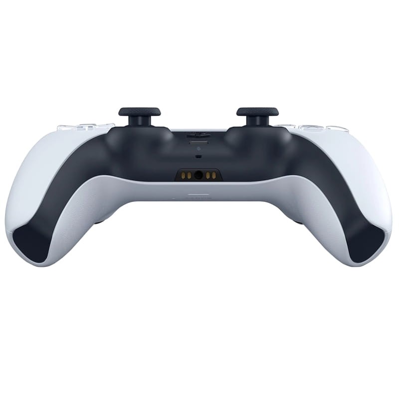 Mando Sony DualSense PS5 visto desde abajo, carcasa blanca y negra, dos joysticks, gatillos L2 y R2, puerto de audio, conector USB-C y ranuras de carga