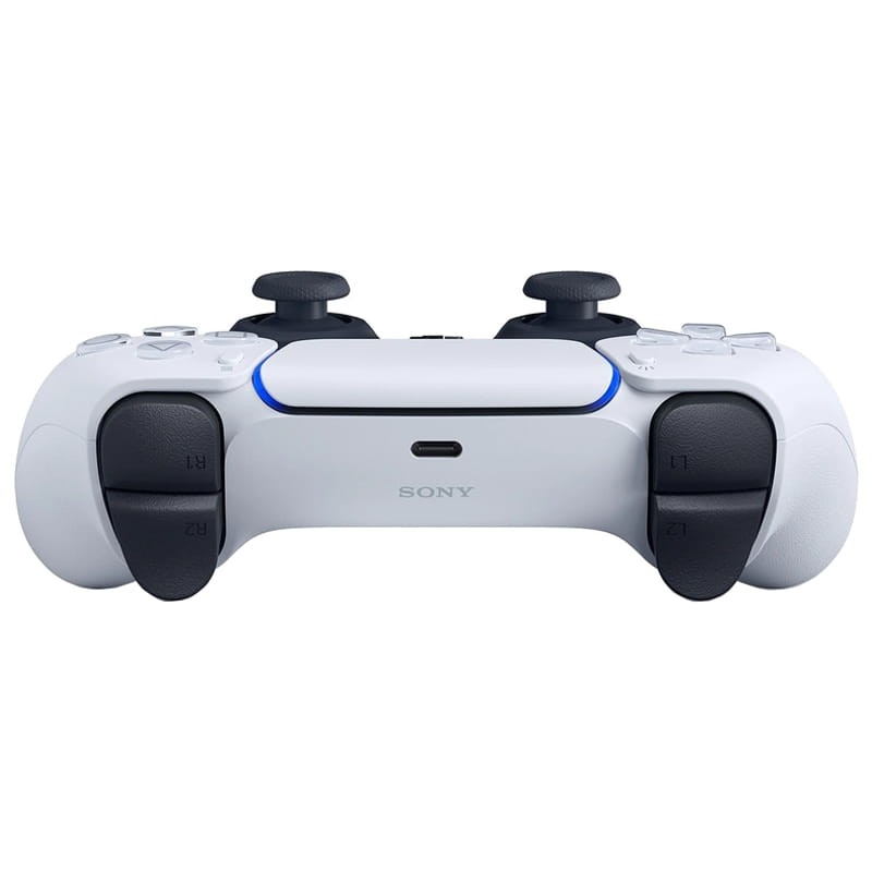 Mando Sony DualSense PS5 blanco con agarres negros, botones L1 L2 R1 R2, barra luminosa azul y puerto USB-C en el centro, diseño ergonómico